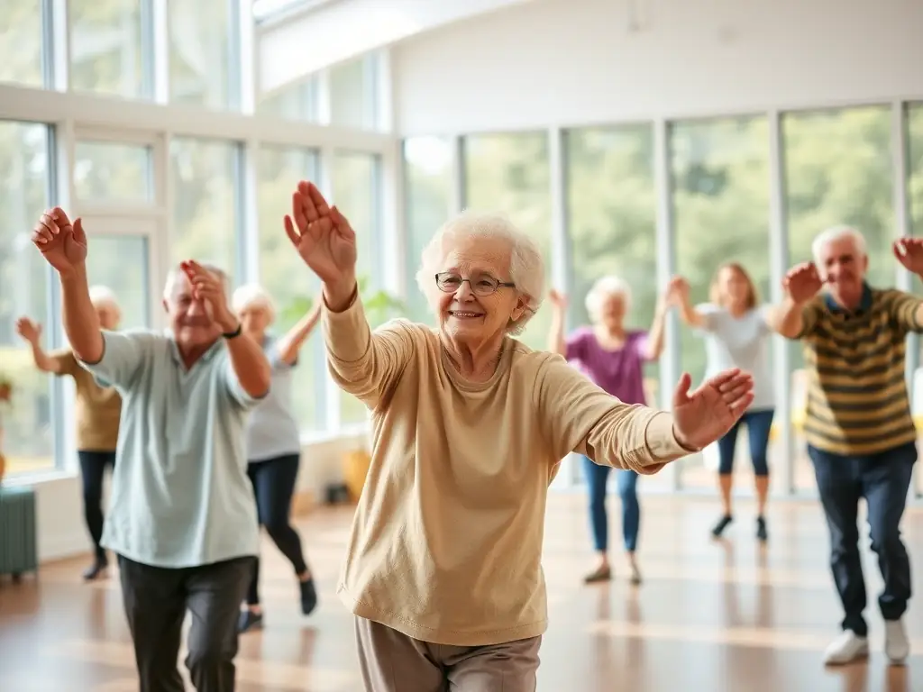 A cheerful image of seniors participating in a gentle exercise class, highlighting health and well-being.