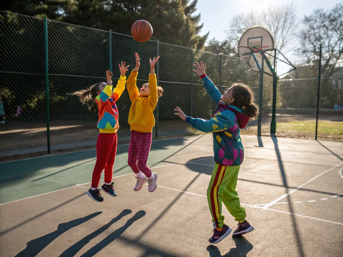 A group of children laughing and playing basketball together at an outdoor court, showcasing the joy and inclusivity of UNION SPORT AMICALE COGNACAISE's youth programs.
