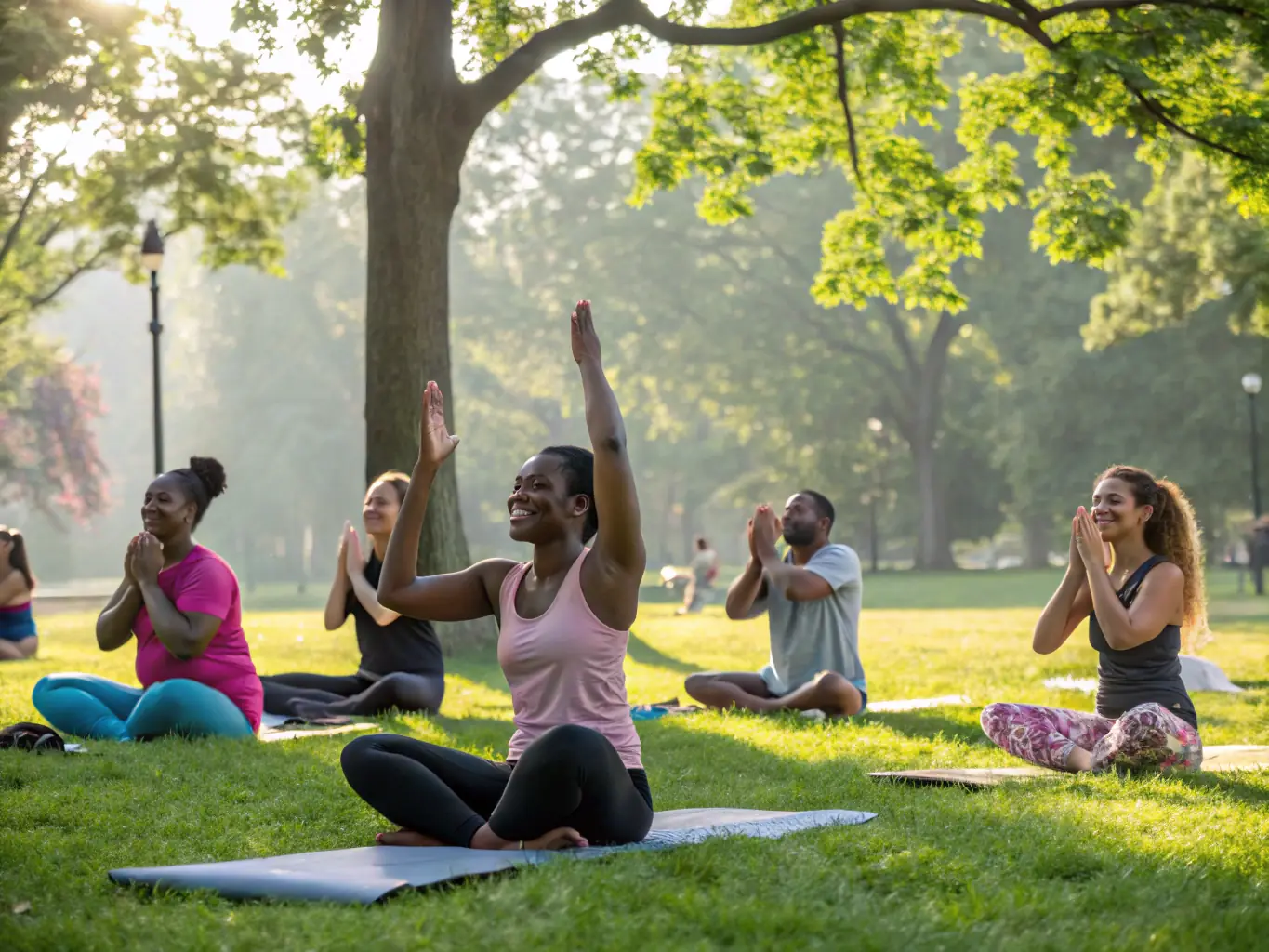 A serene image of people practicing yoga outdoors, representing the community yoga sessions offered by UNION SPORT AMICALE COGNACAISE.