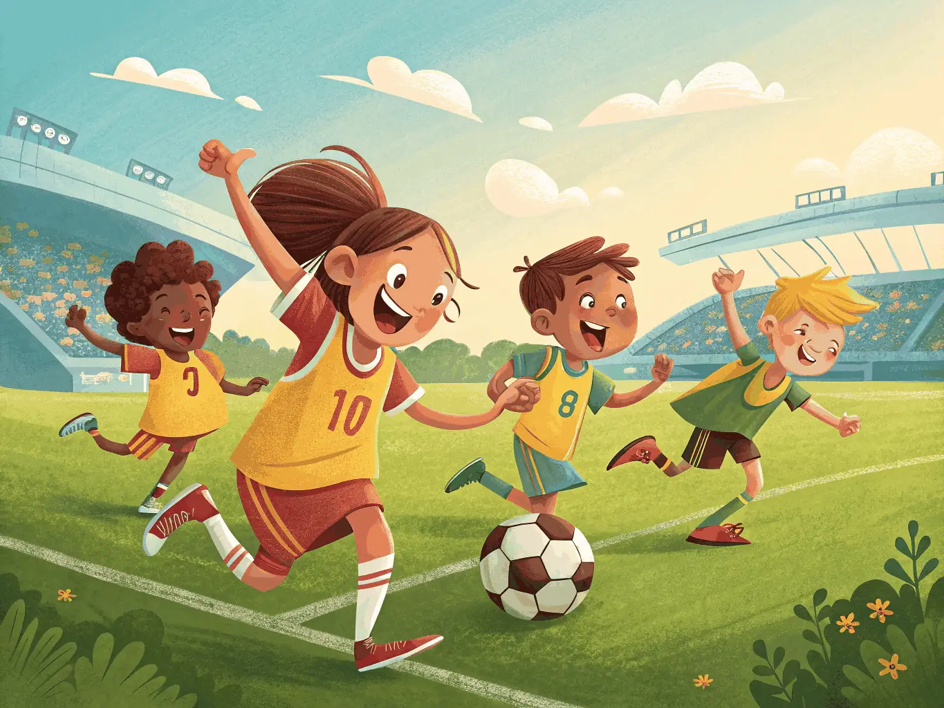A vibrant image of children playing soccer in a local park, showcasing the youth soccer program offered by UNION SPORT AMICALE COGNACAISE.