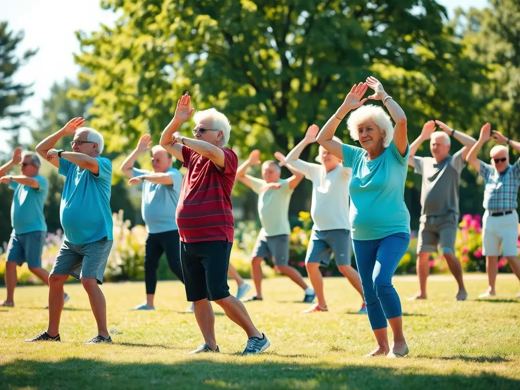 An image of senior citizens participating in a gentle exercise class in a park, demonstrating UNION SPORT AMICALE COGNACAISE's commitment to promoting active lifestyles for all ages.