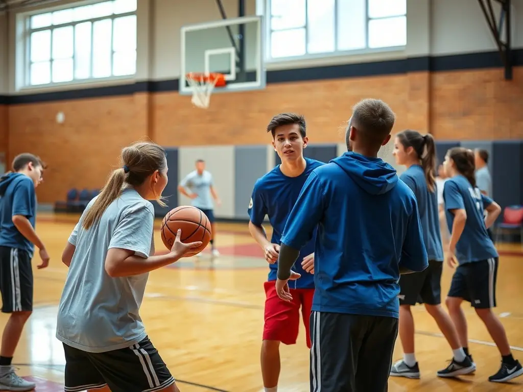 An image of adults playing basketball in an indoor gymnasium, highlighting the adult basketball league organized by UNION SPORT AMICALE COGNACAISE.